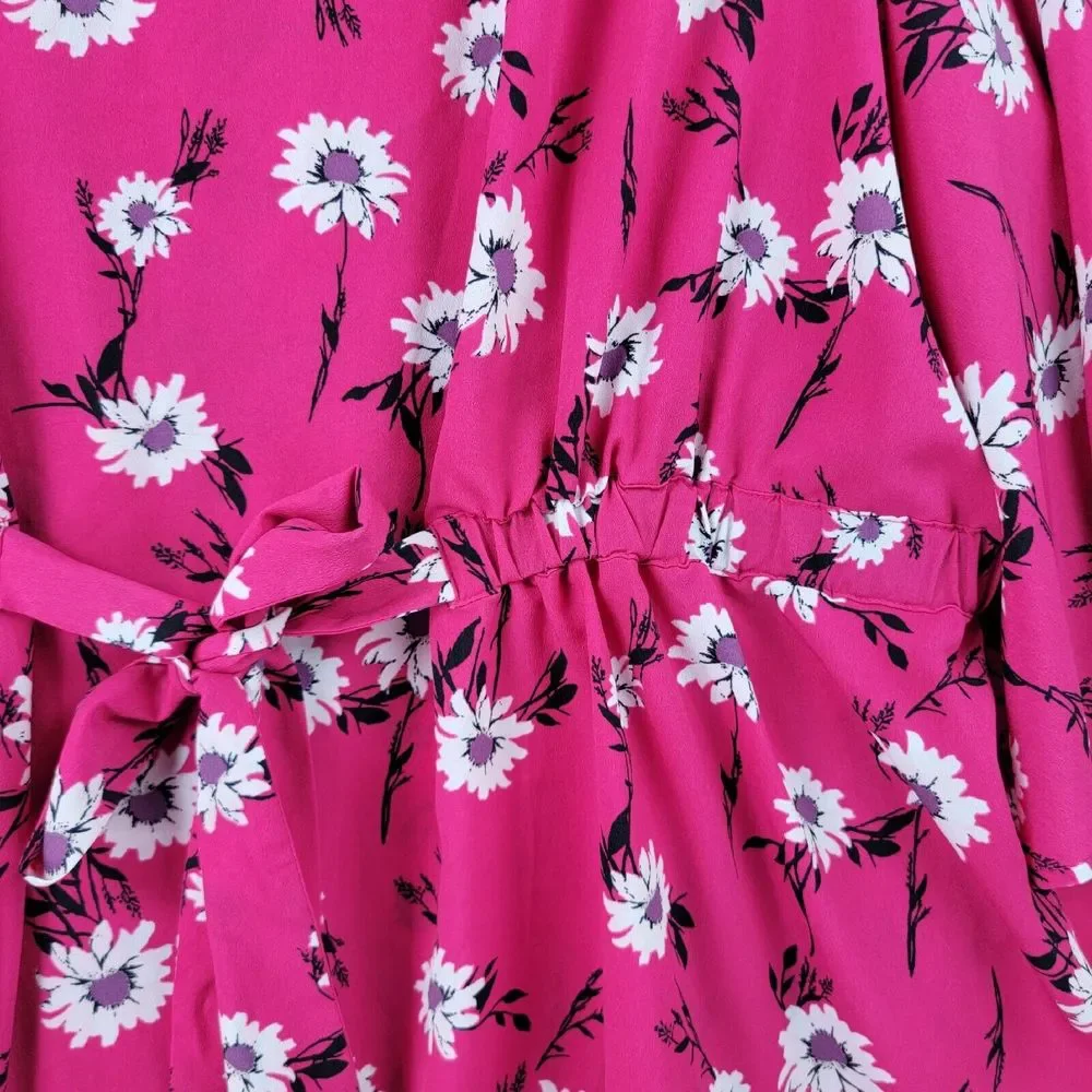 Lane Bryant Blouse Women 26/28 Pink Floral Print Bat Flared Sleeve Kimono Belted - Picture 7 of 14
